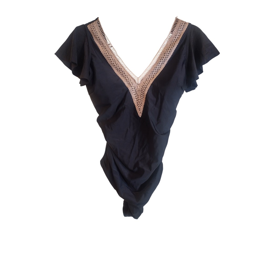 Blooming Jelly Womens Black V Neck Crochet Lace Flutter Sleeve Swimsuit Size L